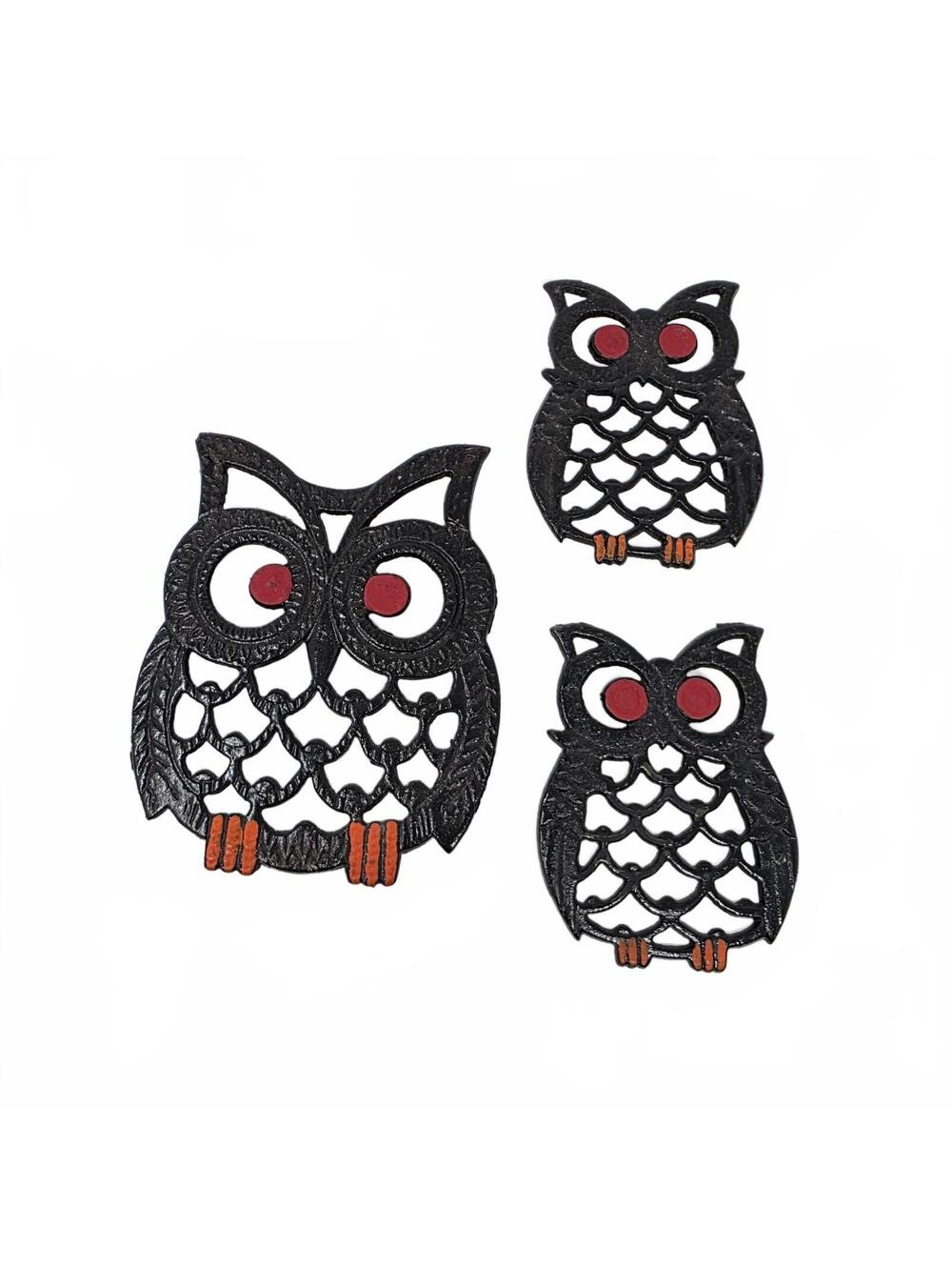 Vintage Cast Iron Owl Trivets Set of 3 Black Footed Retro Kitchen Decor